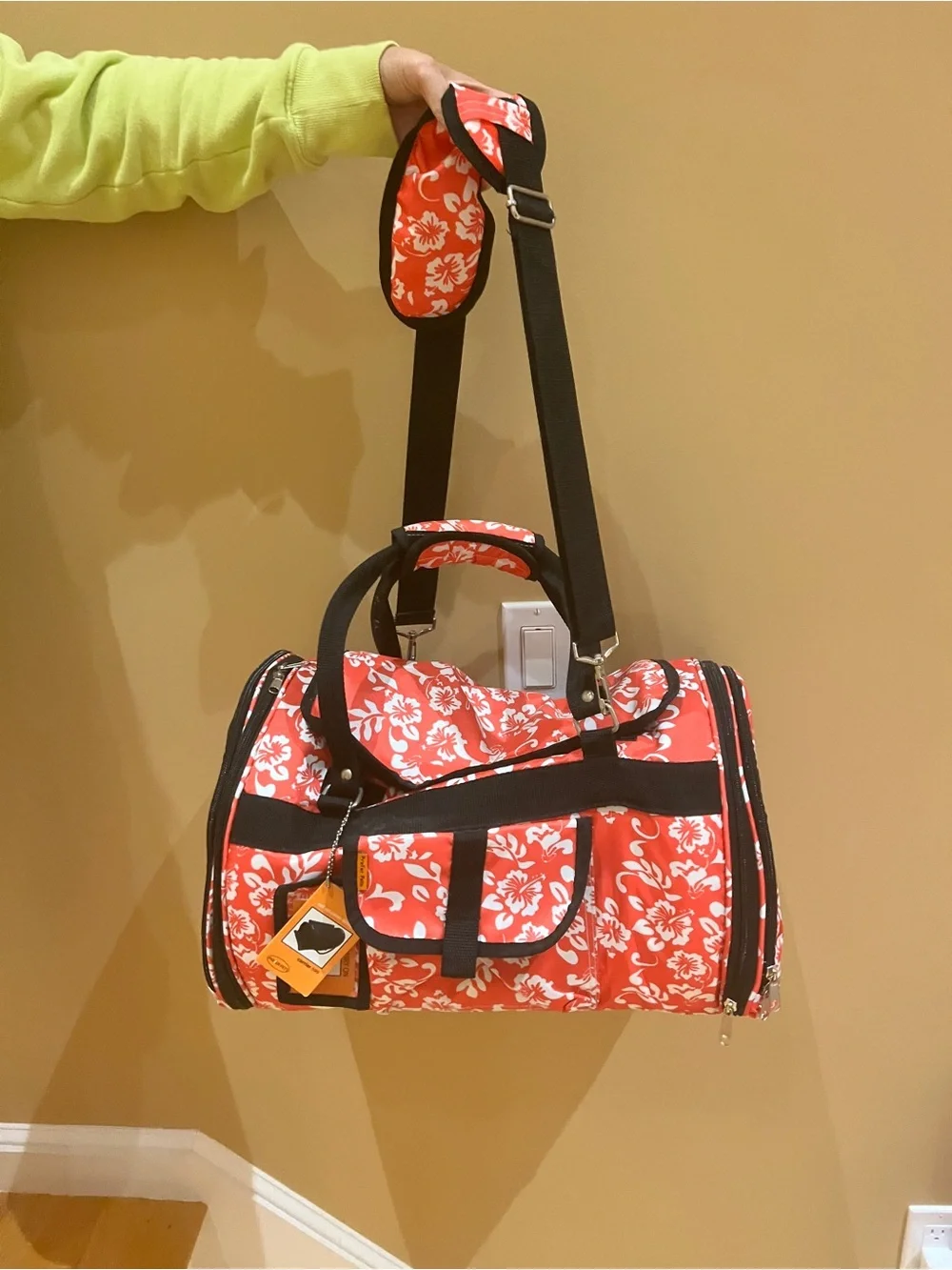Red Floral Pet Travel Bag with Black Accents